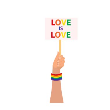 LGBT Gurur Ayı. İçinde aşk yazan bir afiş tutan el, aşktır. Vektör illüstrasyonu