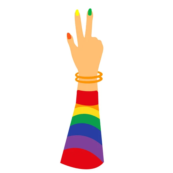 Mes del Orgullo LGBT. Los dedos de la mano firman victoria. Mano signo de paz ilustración vector de dibujos animados — Vector de stock