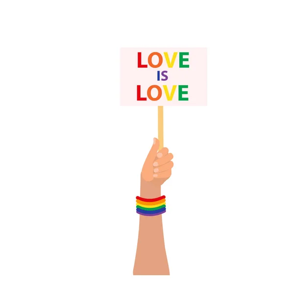 LGBT Gurur Ayı. İçinde aşk yazan bir afiş tutan el, aşktır. Vektör illüstrasyonu — Stok Vektör