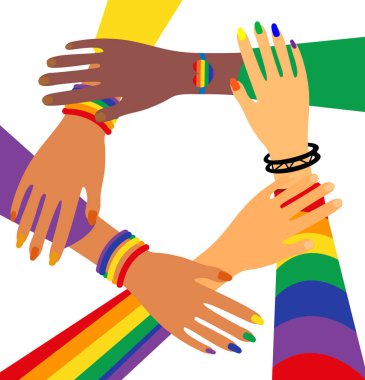 LGBT Onur Ayı tatili, insanlar el ele tutuşuyor. LGBTQ Vektör illüstrasyonu