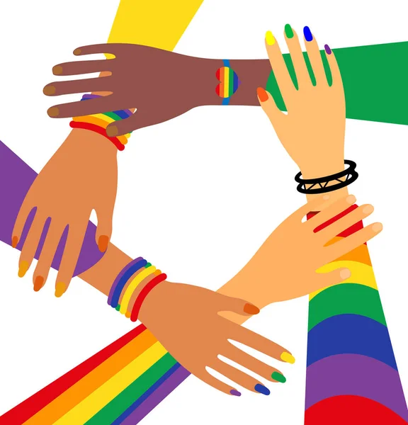 Fiesta del Mes del Orgullo LGBT, La gente está cogida de la mano. Ilustración vectorial LGBTQ — Vector de stock