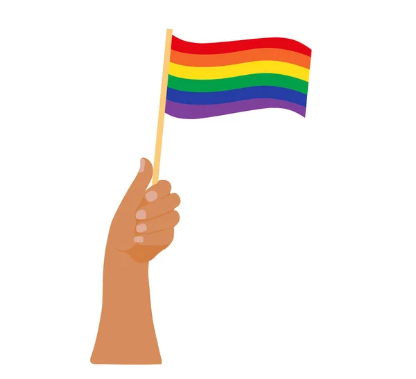 Fiesta del Mes del Orgullo LGBT, La gente sostiene la bandera del arco iris. Manos con banderas. Ilustración vectorial — Vector de stock