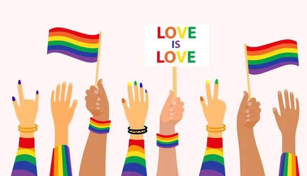 LGBT Pride Maand vakantie, Mensen houden borden, spandoeken en borden met lgbt regenboog en transgender vlag. Handen omhoog homo parade. Vectorillustratie — Stockvector