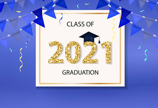Class of 2021 graduation congratulation template for your design with graduation hat and shiny numbers. Vector illustration