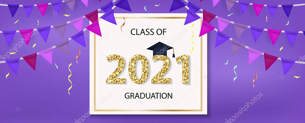 Class of 2021 graduation congratulation template for your design with graduation hat and shiny numbers. Vector illustration