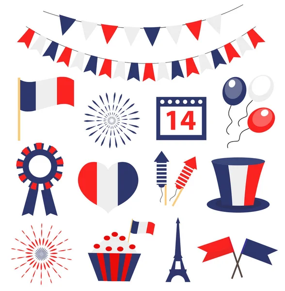 Bastille Day, Franciaország nemzeti ünnep ikonok beállítva. Vektorillusztráció — Stock Vector
