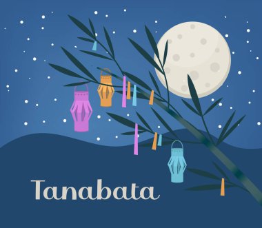 Tanabata Japon geleneksel festival afişi. Kağıt fenerlerle süslenmiş bambu. Vektör illüstrasyonu