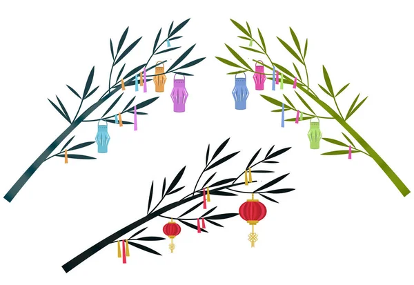Panji latar festival tradisional Jepang Tanabata. Bambu dihiasi dengan lentera kertas. Ilustrasi vektor - Stok Vektor