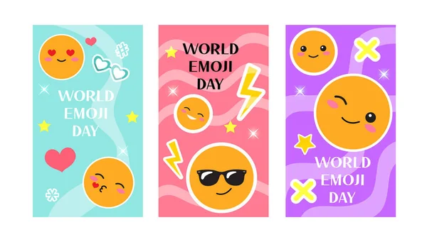 Tarjeta de felicitación del día mundial emoji, conjunto de póster con divertidas pegatinas sonrisa. ilustración vectorial — Vector de stock