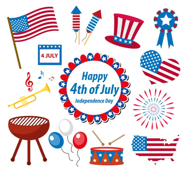 4 juli Onafhankelijkheidsdag Amerika viering in USA, iconen set, design element, platte stijl.Vector illustratie — Stockvector