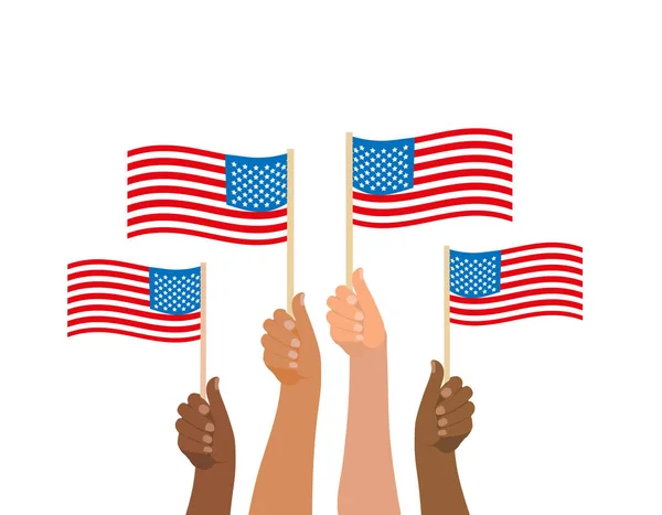 Boldog július 4-ét, az embereknek amerikai zászlójuk van. Amerikai Függetlenség Napja nemzeti ünnep. Vektorillusztráció — Stock Vector