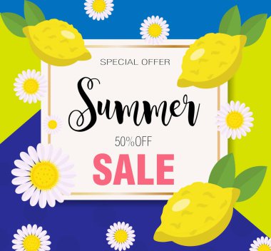 Güzel sarı limonlu yaz indirimi posterleri. Vektör yaz konsepti. Tasarımınız için özel bir tanıtım şablonu