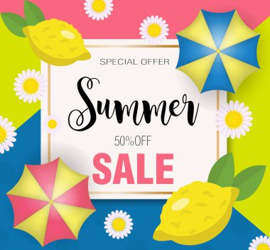 Güzel sarı limonlu yaz indirimi posterleri. Vektör yaz konsepti. Tasarımınız için özel bir tanıtım şablonu