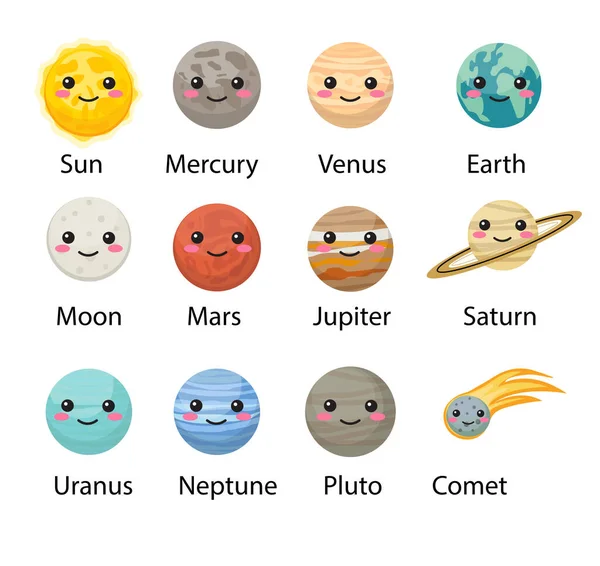 Planeta ícones do sistema solar estilo plano. Coleta de planetas com sol, mercúrio, marte, terra, urânio, neptune, marte, pluto, venus. Ilustração do vetor educacional das crianças. — Vetor de Stock