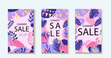 Merhaba yaz. Soyut arkaplan tasarımları koleksiyonu, tasarımınız için yaz satış şablonu. Yaratıcı çağdaş estetik tarzı. Vektör illüstrasyonu.