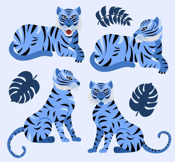 Blauwe tijger en tropische bladeren gezet. Jaar van de Water Tiger Chinees Nieuwjaar 2022. Vectorillustratie — Stockvector