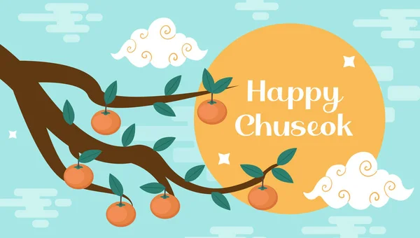 Happy Chuseok, cartão de festival de meados do outono, modelo de cartaz para o seu design. Persimmons Tree Branch, Korean Thanksgiving and Harvest Festival. Ilustração vetorial —  Vetores de Stock