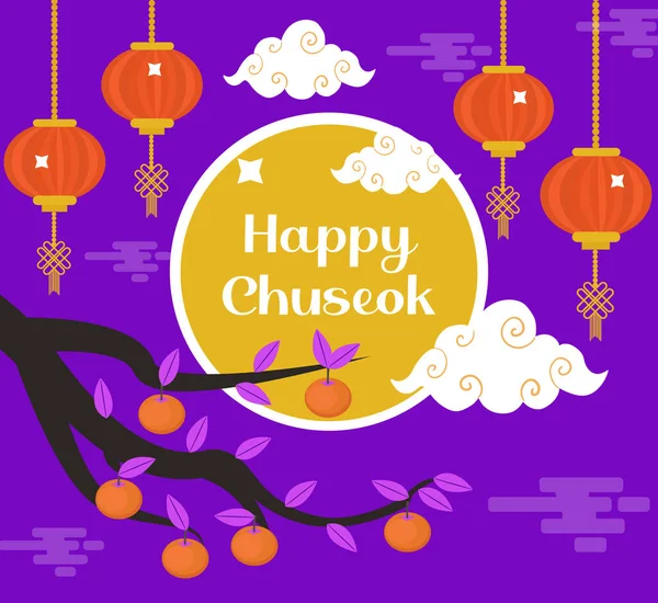 Happy Chuseok, cartão de festival de meados do outono, modelo de cartaz para o seu design. Persimmons Tree Branch, Korean Thanksgiving and Harvest Festival. Ilustração vetorial —  Vetores de Stock