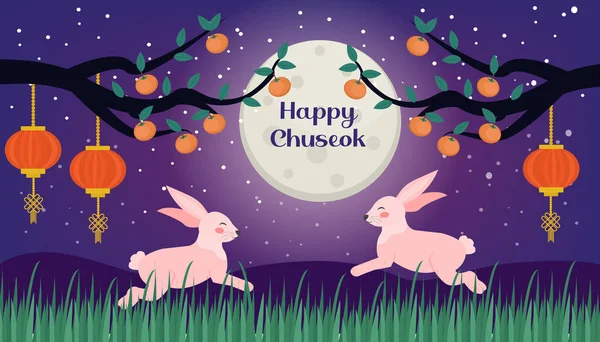 Glad Chuseok, Mid höst festivalkort, affisch mall för din design. Persimmons träd gren och söta kaniner på månen bakgrund, koreanska Thanksgiving och skörd Festival. Vektorillustration. — Stock vektor