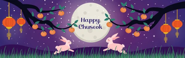Glad Chuseok, Mid höst festivalkort, affisch mall för din design. Persimmons träd gren och söta kaniner på månen bakgrund, koreanska Thanksgiving och skörd Festival. Vektorillustration. — Stock vektor