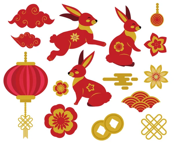 ウサギ、雲、提灯と中国スタイルのデザイン要素のチュソク、中秋節セット。ウサギの年、中国のホロスコープクリップアート。ベクターイラスト. — ストックベクタ