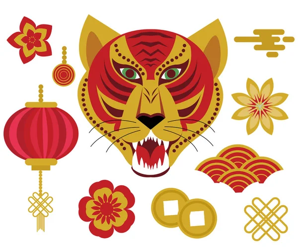 虎の年2022中国のホロスコープのアイコンを設定します。虎、紙提灯、雲、花とデザイン要素の中国の旧正月コレクション。ベクターイラスト｜clipart — ストックベクタ