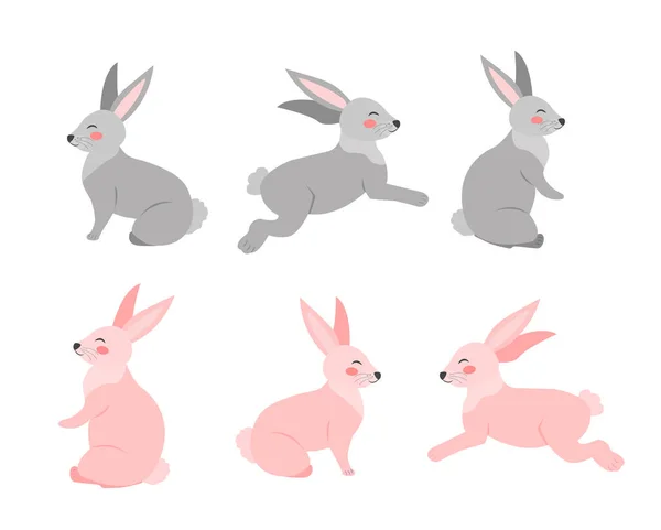 Conjunto de coelhos em diferentes poses estilo cartoon plano. Coelho sobre um fundo branco. Vetor ilustração clip art —  Vetores de Stock