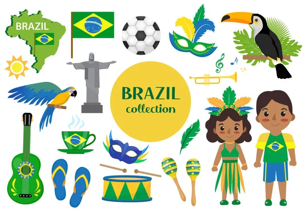 Brazylijski karnawał set clip art. Brazylia kraj turystyki, symbole narodowe. Kolekcja elementów projektowych, z tukan, papuga, rio de jeneiro pomnik, strój karnawałowy. Ilustracja wektora — Wektor stockowy