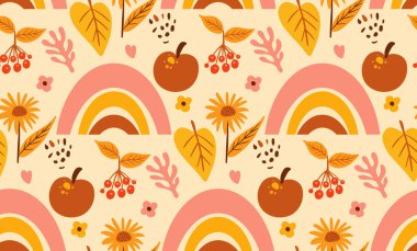 Boho soyut sonbahar pürüzsüz deseni. Bohem baskı yaratıcı modern estetik karalama stili, tekrarlayan doku, arka plan. Vektör illüstrasyonu