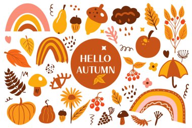 Boho soyut sonbahar seti. Bohem sonbahar koleksiyonu sanat el çizimi stili. yaratıcı çağdaş estetik karalama elementleri hasat, şükran günü konsepti. Vektör illüstrasyonu