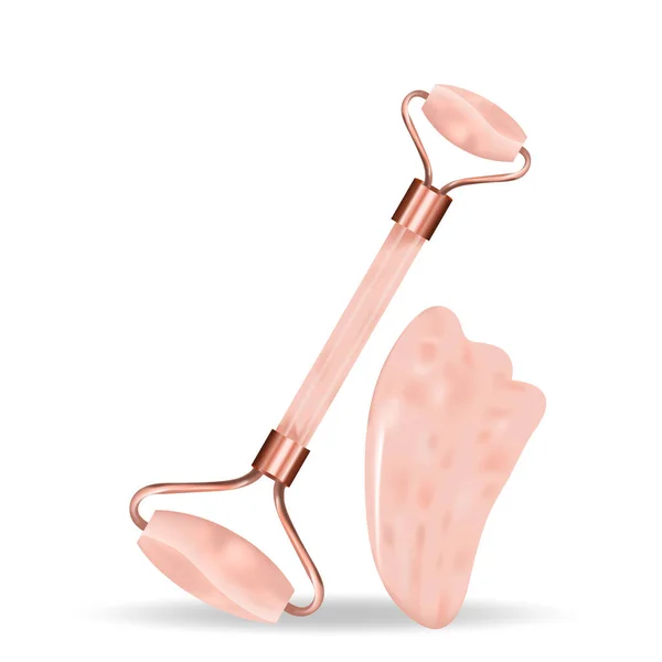 Roller schraper gua sha realistische 3d stijl. Gezichtsmassage, anti-rimpel. Vrouwenzorg, kosmetologie concept. Vectorillustratie — Stockvector