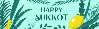 Sukkot palmiyesi yaprakları çerçevesi, hurma yaprakları kenarı, mavi gökyüzü arkaplanı. Sukkah dekorasyonu. Vektör illüstrasyonu.