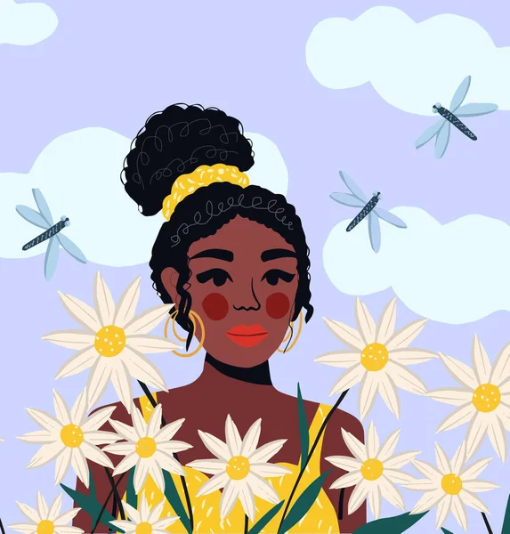 Retrato de una hermosa mujer afroamericana en un campo de flores, de estilo plano moderno. Linda chica. Ilustración vectorial — Vector de stock