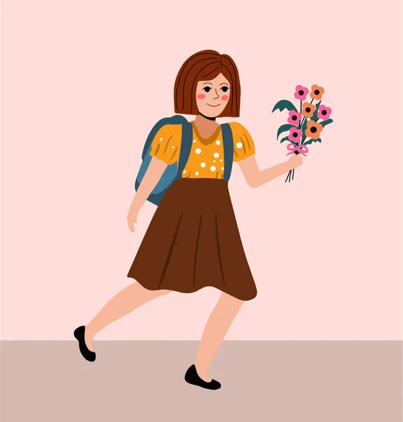 Schulmädchen mit Blumen im flachen Stil. Zurück zum Schulkonzept. Kleine Studentin. Vektorillustration — Stockvektor