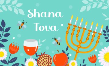 Mutlu Rosh Hashanah tebrik kartı. Geleneksel semboller ve çiçeklerle dizaynınız için Shana Tova şablonu. Yahudi tatili. İsrail 'de mutlu yıllar. Vektör illüstrasyonu