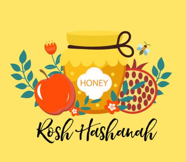 Mutlu Rosh Hashanah tebrik kartı. Geleneksel semboller ve çiçeklerle dizaynınız için Shana Tova şablonu. Yahudi tatili. İsrail 'de mutlu yıllar. Vektör illüstrasyonu