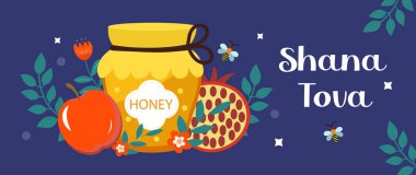 Mutlu Rosh Hashanah bayrağı. Geleneksel semboller ve çiçeklerle dizaynınız için Shana Tova şablonu. Yahudi tatili. İsrail 'de mutlu yıllar. Vektör illüstrasyonu