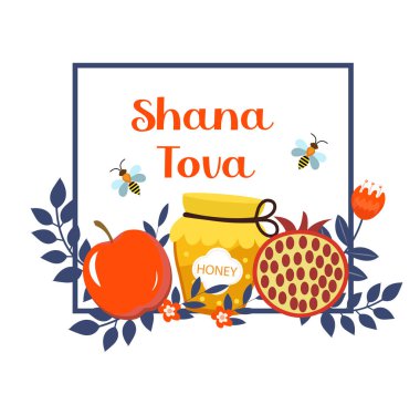 Rosh Hashanah 'ın etiketleri. Shana Tova. İsrail 'de mutlu yıllar. Vektör illüstrasyonu