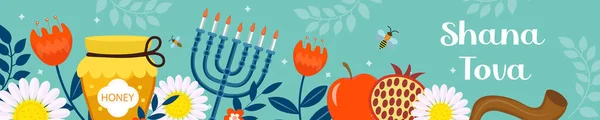 Feliz banner Rosh Hashanah. Shana Tova modelo para o seu design com símbolos tradicionais e flores. Férias judaicas. Feliz Ano Novo em Israel. Ilustração vetorial —  Vetores de Stock