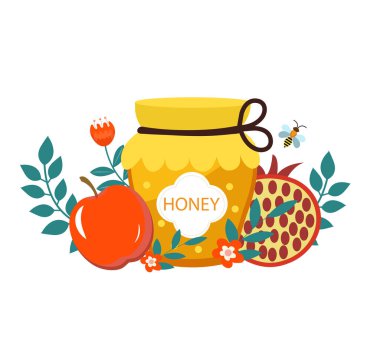 Rosh Hashanah geleneksel semboller ve çiçekler. Yahudi tatili. İsrail 'de mutlu yıllar. Vektör illüstrasyonu