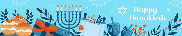 Banner Hanukkah feliz, plantilla para su diseño. Hanukkah es una fiesta judía. Tarjeta de felicitación con Menorah, Sufganiyot, Dreidel. Ilustración vectorial — Vector de stock