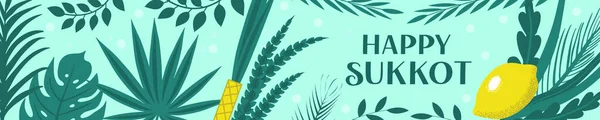 Marco de hojas de palmera Sukkot, borde de hojas de palmera datilera, fondo de cielo azul. Decoración Sukkah. Ilustración vectorial. — Vector de stock