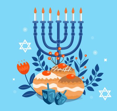 Happy Hanukkah template for your design. Greeting Card with Menorah, Sufganiyot, Dreidel. Vector illustration clipart