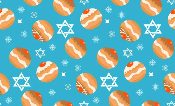 Sufganiyot kusursuz desen. Yahudi çöreği dikişsiz dokuma, bayram bayramında geleneksel tatlı. Yahudi çöreği desenli. Vektör illüstrasyonu — Stok Vektör