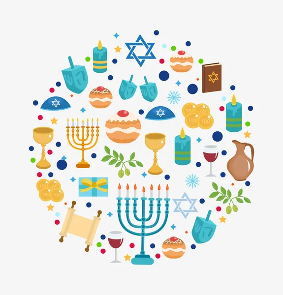 Feliz Hanukkah conjunto de iconos en forma redonda, tarjeta de felicitación. Plantilla para tu diseño. Fiestas judías. Ilustración vectorial — Vector de stock