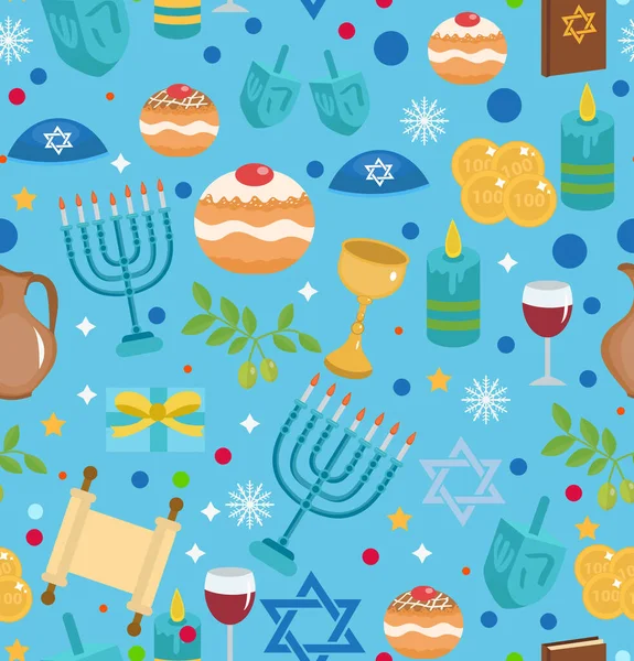 Hanukkah padrão sem costura com menorah, dreidel, moedas, flocos de neve, rosquinhas, arcos e estrela judaica. — Vetor de Stock