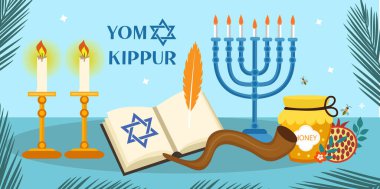 Kefaret kartı, mumlar, elmalar ve şamandıralar. Yahudi bayramı geçmişi. Vektör illüstrasyonu.