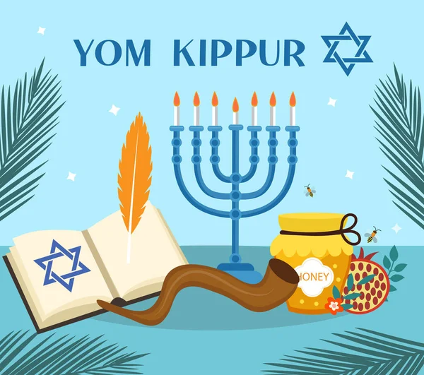 Tarjeta de felicitación Yom Kippur con velas, manzanas y shofar. Fiesta judía Rosh Hashaná y fondo yomkippur. Ilustración vectorial. — Vector de stock