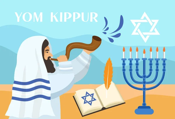 Rabbi met een tallit, Jood blazen een shofar op de hoorn van een ram op de dag van Rosh Hashanah en Yom Kippur. Vectorillustratie — Stockvector