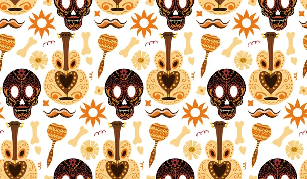 死者のシームレスなパターンの日。Dia de los Muertos手描きでテクスチャを繰り返します。メキシコの休日砂糖の頭蓋骨の背景の壁紙や紙でハロウィン。ベクターイラスト — ストックベクタ